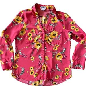 Express Pink Floral Button-Down Blouse with Yellow Sunflowers